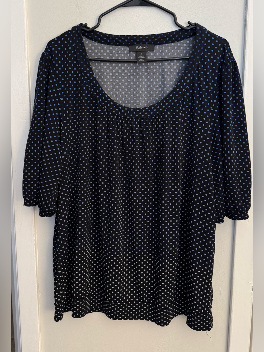 Style & Co XL Black Blue Polka Dot Bubble Hem 3/4 Sleeve Blouse